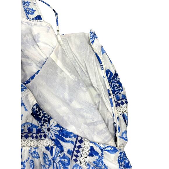 FARM Rio Flowerful Birds Maxi Dress Size XL Blue White Cotton V-Neck Boho Resort - Picture 9 of 12